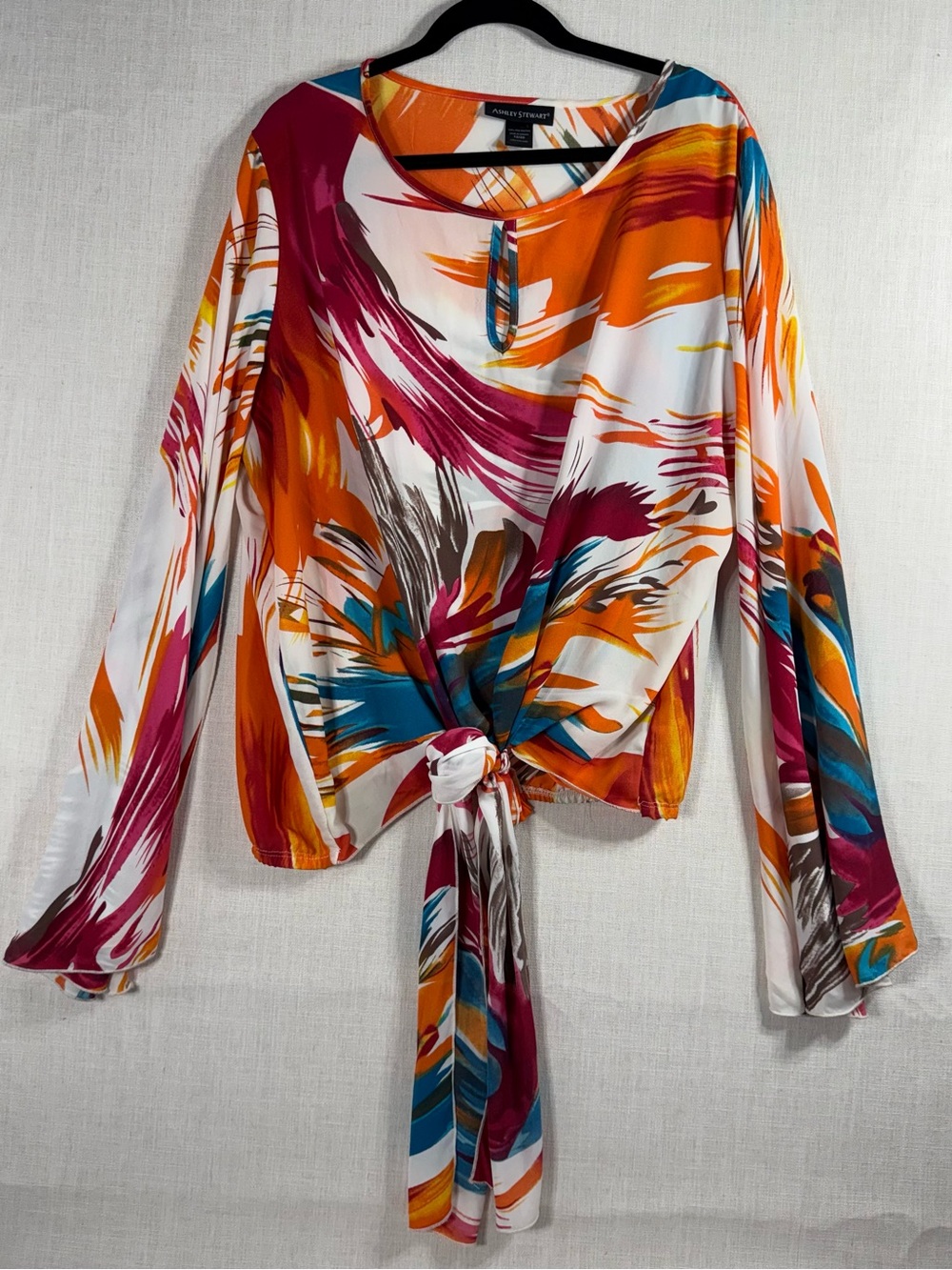 Ashley Stewart Multicolor Tie-Front Long Sleeve Blouse